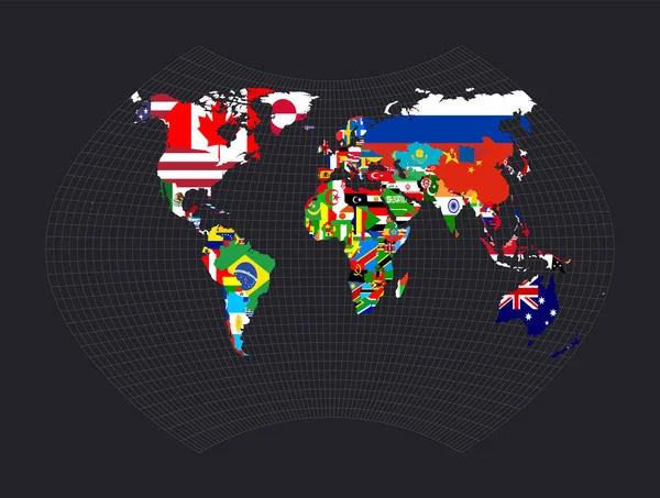 Världskarta med flaggor Ginzburg Ix projektion Karta över världen med meridianer på mörk bakgrund — Stock vektor