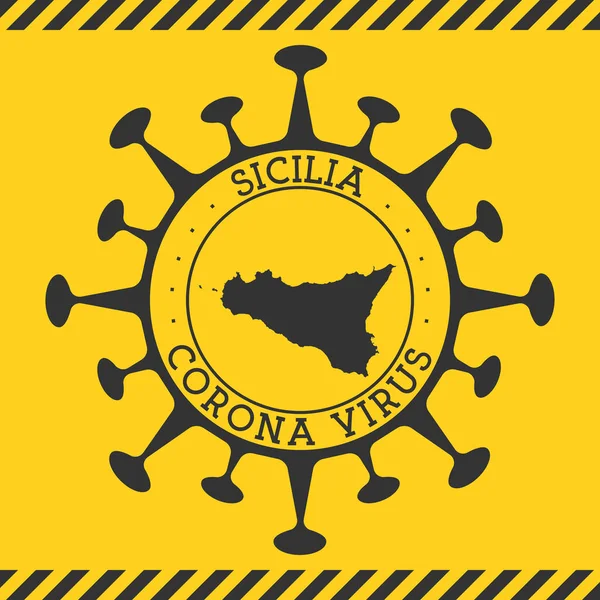 Virus Corona in Sicilia segno Distintivo rotondo a forma di virus e mappa Sicilia Epidemia dell'isola gialla — Vettoriale Stock