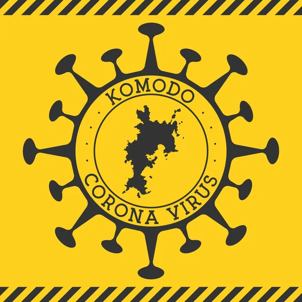 Corona virus i Komodo tecken Rund bricka med form av virus och Komodo karta Gul ö epidemi — Stock vektor