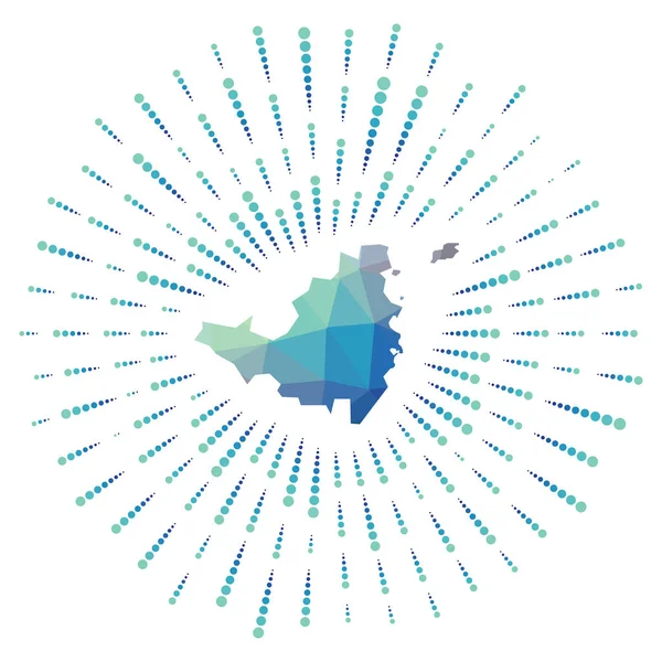 Forma de San Martín estallido de sol poligonal Mapa de la isla con coloridos rayos de estrellas San Martín — Vector de stock