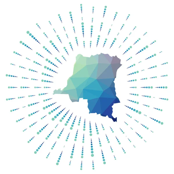 Forma de la República Democrática del Congo estallido solar poligonal Mapa del país con los rayos de estrellas de colores República Democrática del Congo — Vector de stock