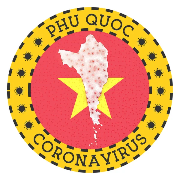 Pu Quoc 의 Coronavirus sign Round badge with shape of Phu Quoc Yellow island lock down emblem — 스톡 벡터