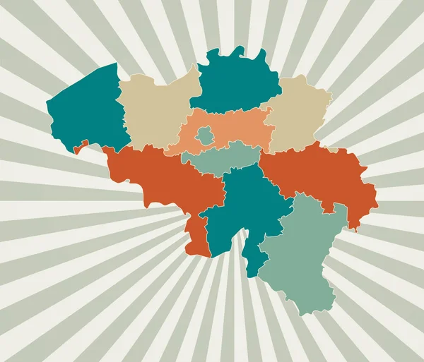 Bélgica mapa Póster con el mapa del país en la paleta de colores retro Forma de Bélgica con la explosión del sol — Vector de stock