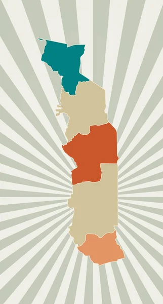 Togo mapa Cartaz com mapa do país em paleta de cores retro Forma do Togo com raios sunburst — Vetor de Stock