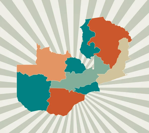 Zambia kaart Affiche met kaart van het land in retro kleurenpalet Vorm van Zambia met sunburst — Stockvector
