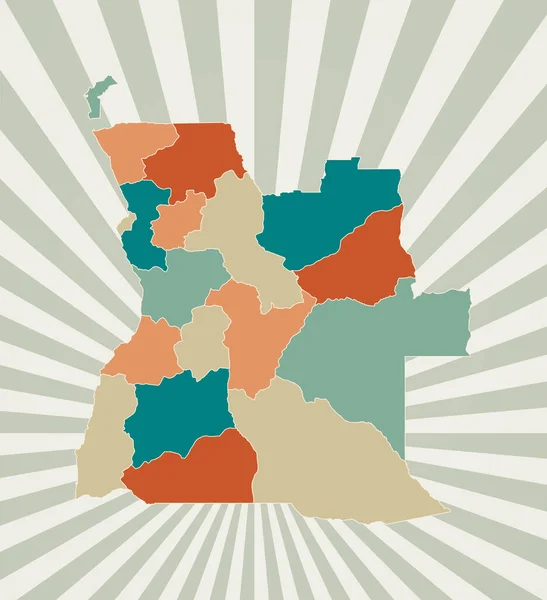 Angola térkép Plakát térképpel az ország retro színes paletta Shape of Angola napkoronggal — Stock Vector