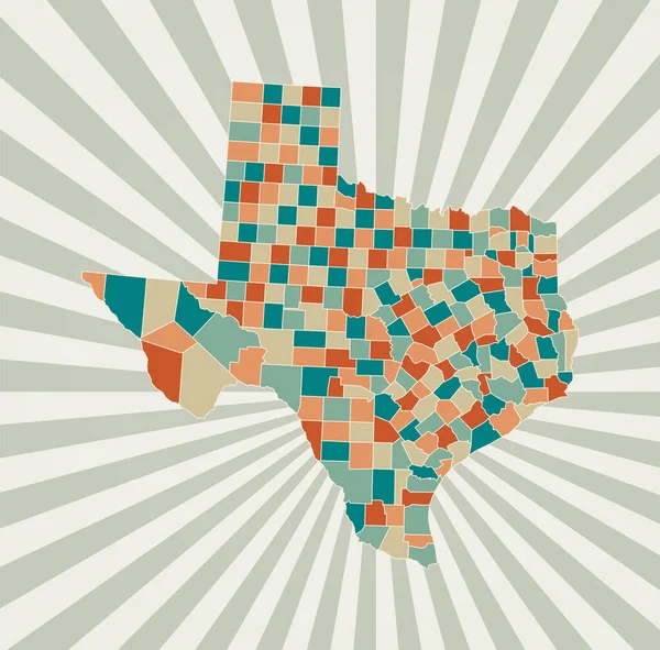 Texas hartă Poster cu harta statului nostru în paleta de culori retro Forma Texasului cu raze de explozie solară — Vector de stoc