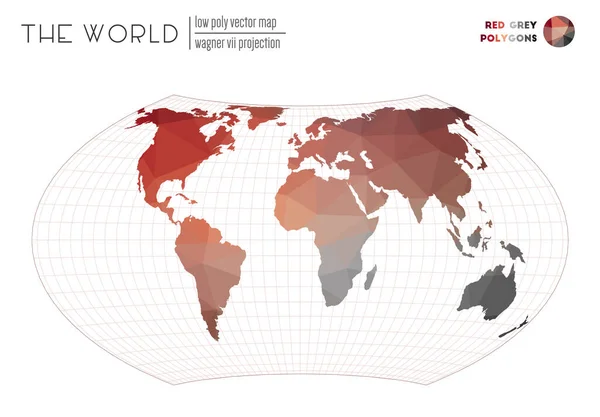 Mappa poligonale del mondo Wagner VII proiezione del mondo Poligoni di colore grigio rosso Creative — Vettoriale Stock