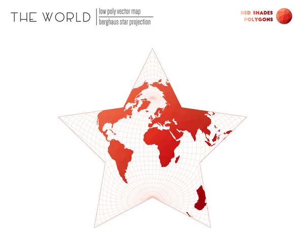 Polygonale Karte der Welt Berghaus-Sternenprojektion der Welt Red Shades farbige Polygone — Stockvektor