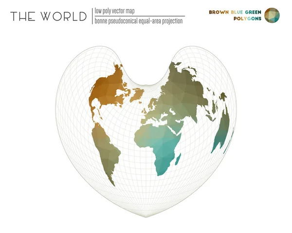 Polygonale wereldkaart Bonne pseudoconische projectie van het oppervlak van de wereld Bruin Blauw Groen — Stockvector