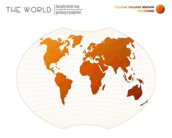 Design a basso poli del mondo Ginzburg VI proiezione del mondo Giallo Arancione Marrone colorato — Vettoriale Stock