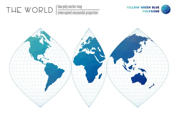 Mappa del mondo con triangoli vibranti Proiezione sinusoidale interrotta del mondo Giallo Verde Blu — Vettoriale Stock