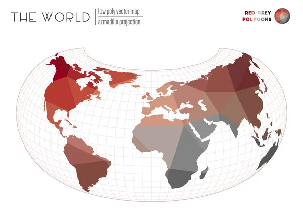 Wereldkaart in polygonale stijl Armadillo projectie van de wereld Rood Grijs gekleurde polygonen Elegant — Stockvector