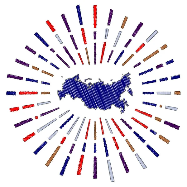 Croquis carte de la Russie Coup de soleil autour du pays dans les couleurs du drapeau Forme de la Russie dessinée à la main avec le soleil — Image vectorielle