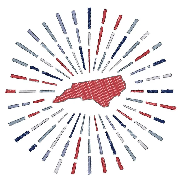 Σκιτσάρει χάρτη της Βόρειας Καρολίνας Sunburst γύρω από την πολιτεία μας σε χρώματα σημαία Χέρι σχεδιαστεί Βόρεια Καρολίνα — Διανυσματικό Αρχείο