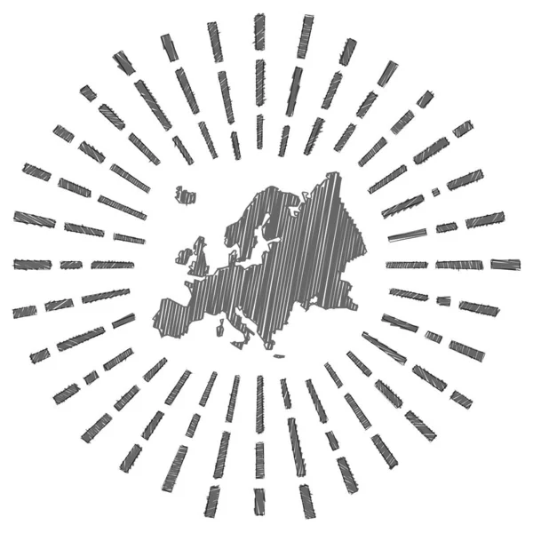ヨーロッパのスケッチマップ旗の色で大陸の周りのサンドバースト太陽と手描きヨーロッパの形 — ストックベクタ
