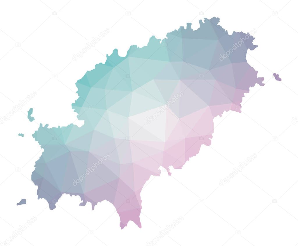 Polygonal map of Ibiza Geometric illustration of the island in emerald amethyst colors Ibiza map
