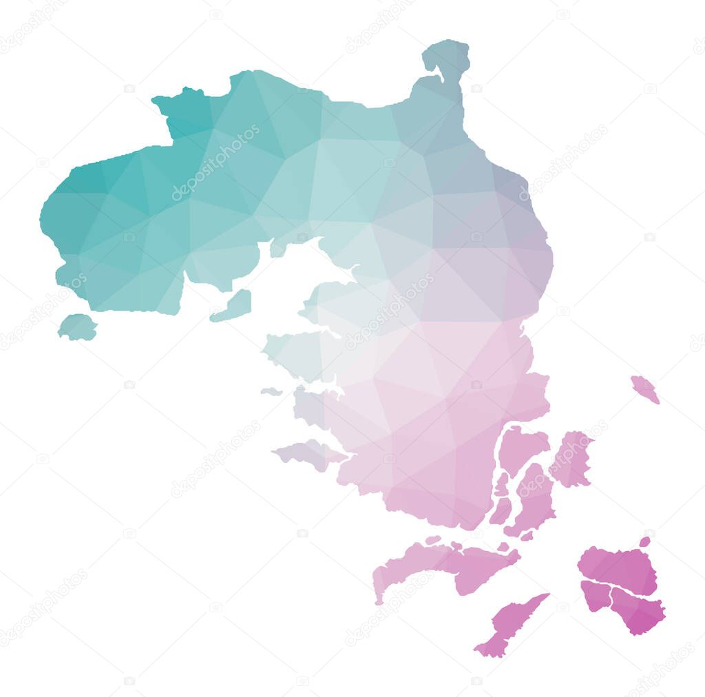 Polygonal map of Bintan Island Geometric illustration of the island in emerald amethyst colors