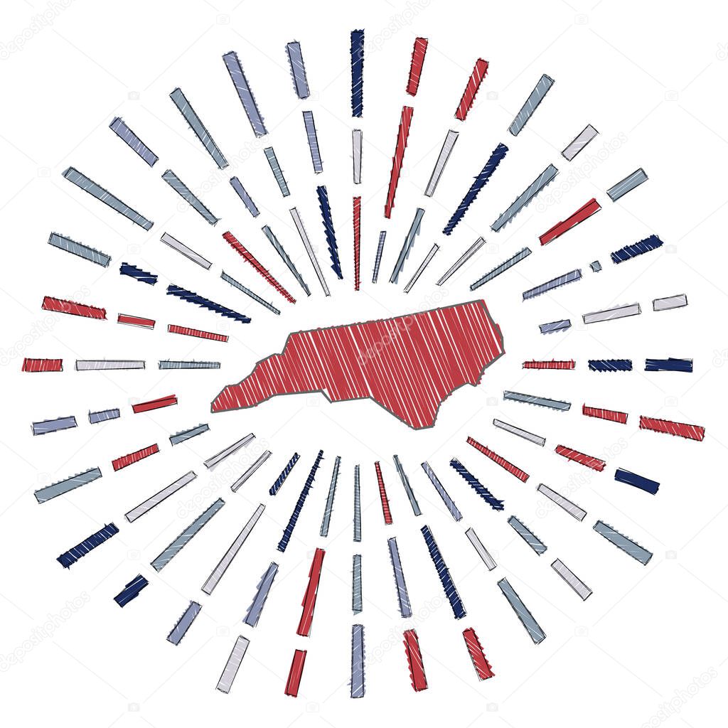 Sketch map of North Carolina. Sunburst around the us state in flag colors. Hand drawn North Carolina shape with sun rays on white background. Vector illustration.