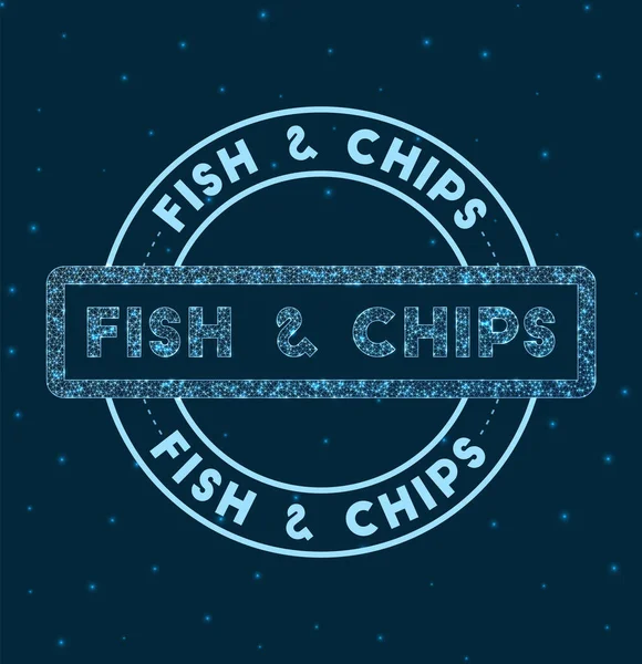 Fish  chips Glowing round badge Network style geometric fish  chips stamp in space Vector — Stock Vector