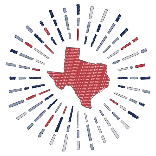 Sketch mapa de Texas Sunburst alrededor del estado de los Estados Unidos en colores de la bandera Tejas dibujado a mano con sol — Vector de stock