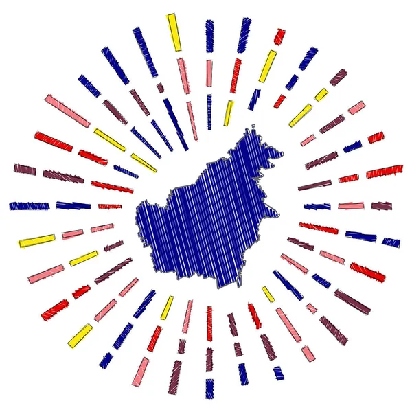 Σκιτσάρισμα χάρτη του Βόρνεο Sunburst γύρω από το νησί σε χρώματα σημαίας Χειροποίητο Βόρνεο σχήμα με ήλιο — Διανυσματικό Αρχείο