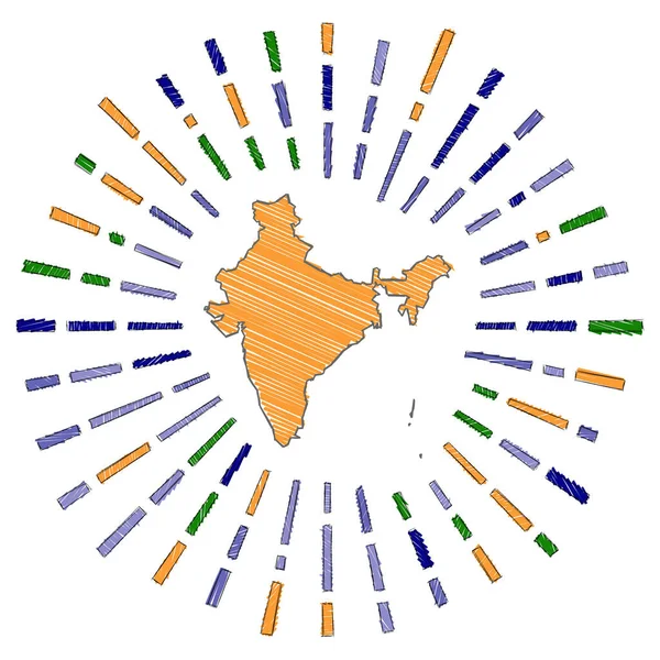 Schets kaart van India Sunburst door het land in vlag kleuren Handgetekend India vorm met zon — Stockvector