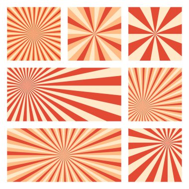 Sanatsal güneş patlaması arkaplan koleksiyonu. Radyal ışınlı soyut kapaklar. Şaşırtıcı bir vektör.