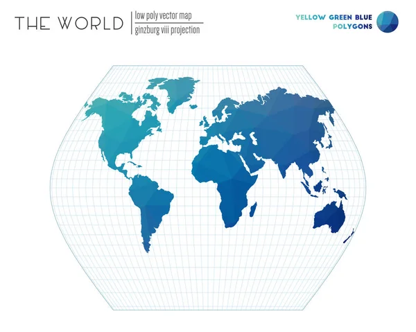 Mappa del mondo a basso poli Ginzburg VIII proiezione del mondo Giallo Verde Blu poligoni colorati — Vettoriale Stock