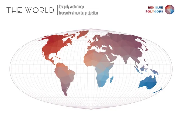 Mappa del mondo a basso poli Foucauts proiezione sinusoidale del mondo Poligoni di colore blu rosso Impressionante — Vettoriale Stock