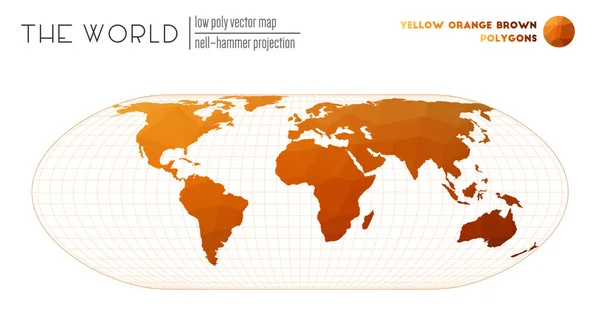 Mappa poligonale del mondo NellHammer proiezione del mondo Giallo Arancione Marrone colorato — Vettoriale Stock