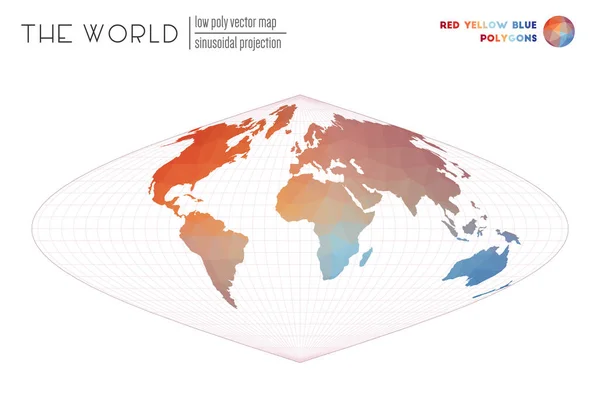 世界のベクトル地図世界の正弦波投影赤黄青の色の多角形 — ストックベクタ