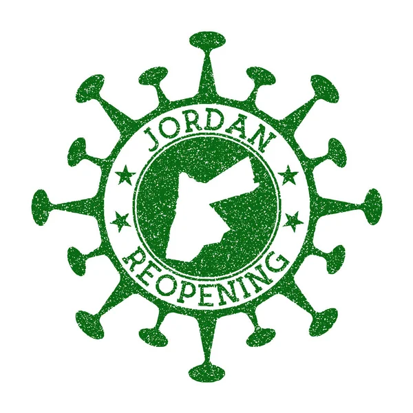 Jordánia újbóli megnyitása Stamp Green round badge of country with map of Jordan Country opening after — Stock Vector