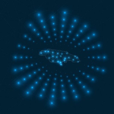 Jamaika dijital haritası ülke şebekesinden yayılan parıldayan ışınlar ve