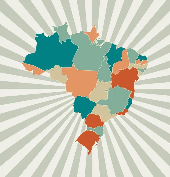 Brazilië kaart Affiche met kaart van het land in retro kleurenpalet Vorm van Brazilië met sunburst — Stockvector