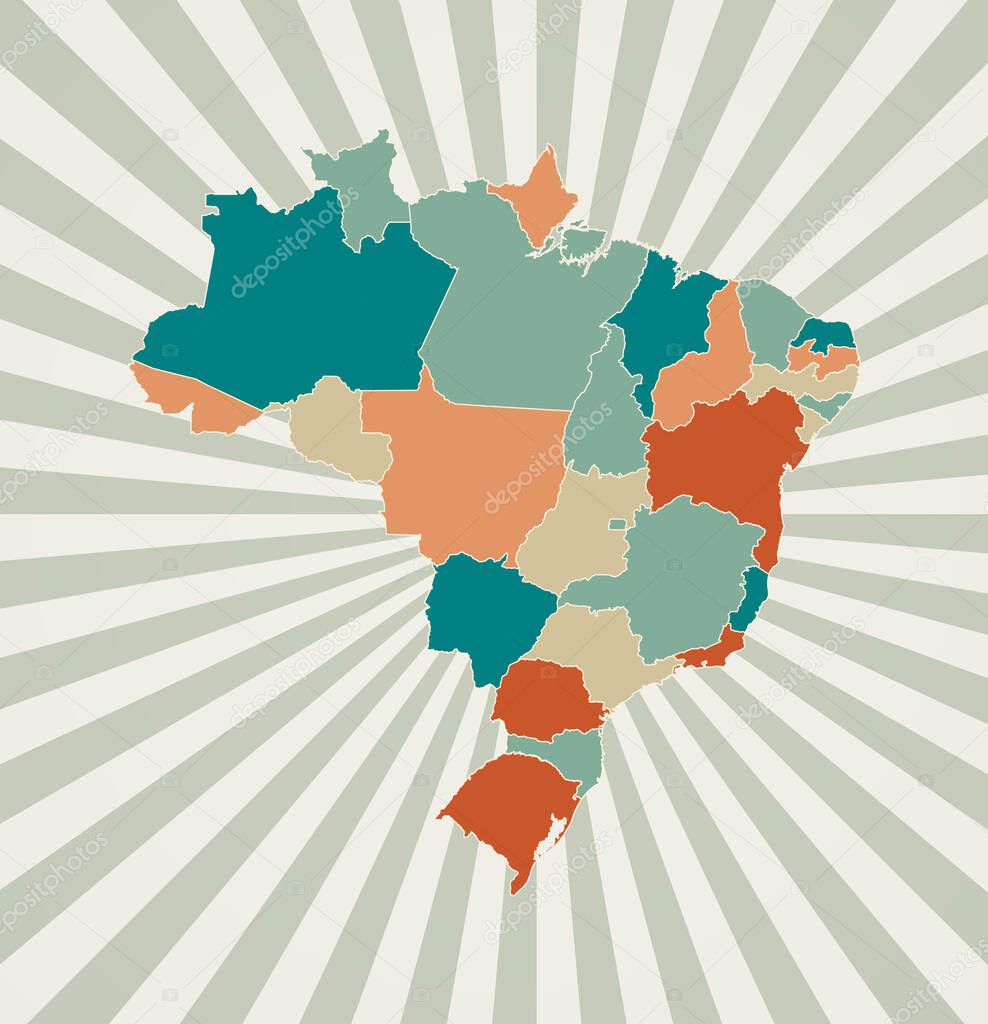 Brazil map Poster with map of the country in retro color palette Shape of Brazil with sunburst
