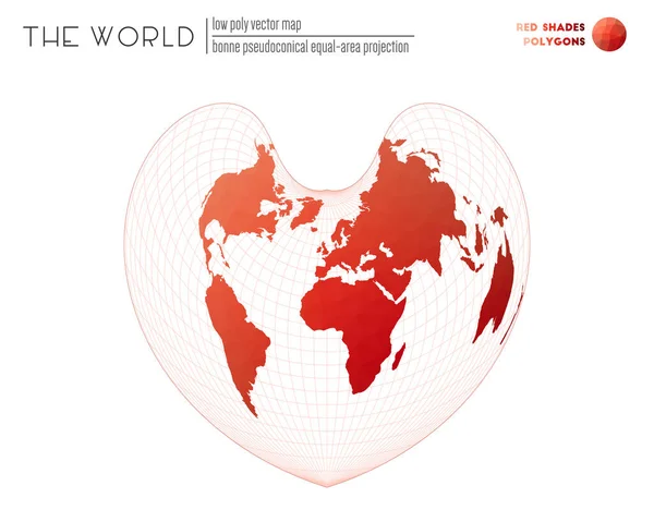 Wereldkaart in veelhoekige stijl Bonne pseudoconische equalarea projectie van de wereld Red Shades — Stockvector