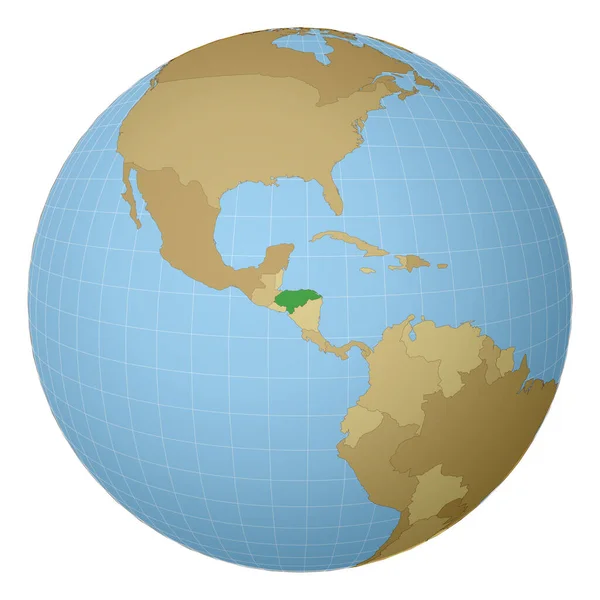 Globo centrato a Honduras Paese evidenziato con il colore verde sulla mappa del mondo Proiezione satellitare — Vettoriale Stock