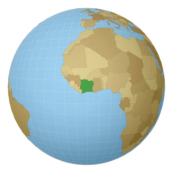 Globe gecentreerd op Ivoorkust land gemarkeerd met groene kleur op wereldkaart satelliet — Stockvector