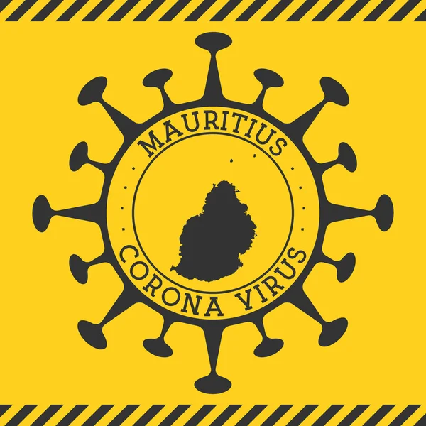 Virus Corona a Mauritius segno distintivo rotondo a forma di virus e Mauritius mappa Isola gialla — Vettoriale Stock