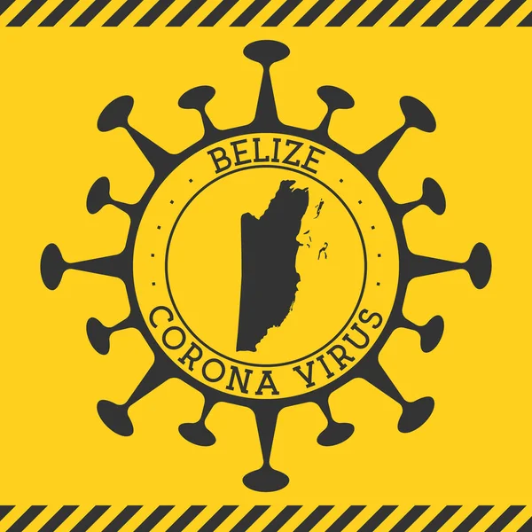 Corona virus i Belize tecken Rund bricka med form av virus och Belize karta Gul land epidemi — Stock vektor