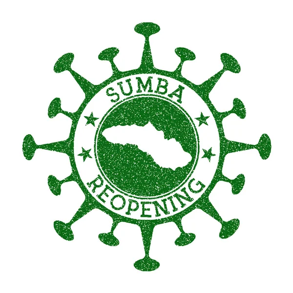 Сумба Открытие марки Зеленый круглый знак острова с открытием карты острова Сумба после блокировки — стоковый вектор