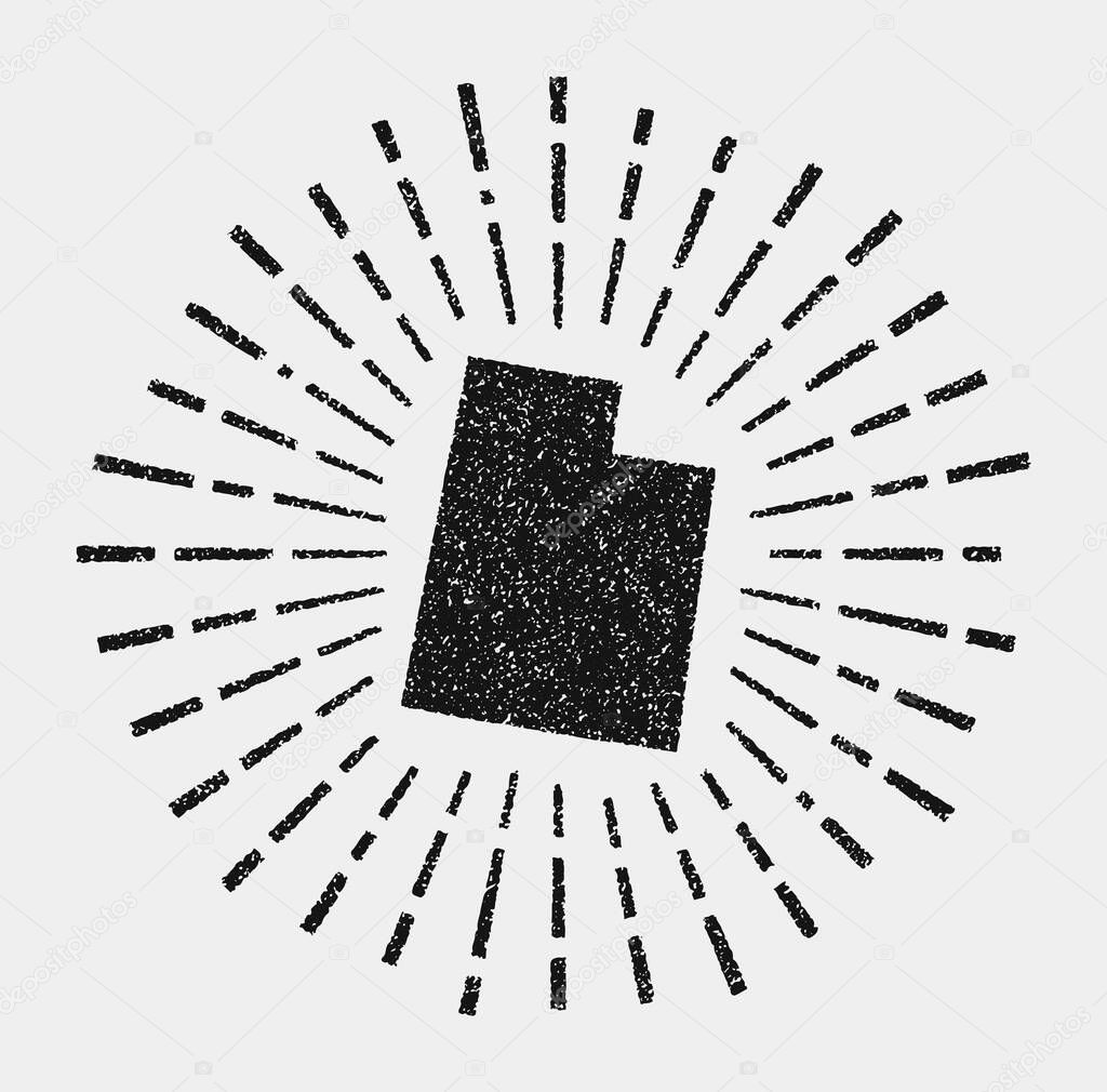 Vintage map of Utah. Grunge sunburst around the us state. Black Utah shape with sun rays on white background. Vector illustration.