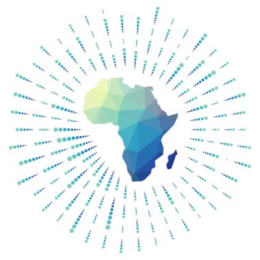 Afrika 'nın çokgen güneş patlaması şekli Kıtanın renkli yıldız ışınlarıyla haritası Afrika