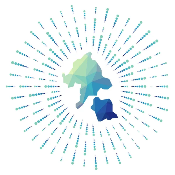 Forma de Aka Island Poligonal sunburst Mapa de la isla con rayos de estrellas de colores Aka Island — Vector de stock