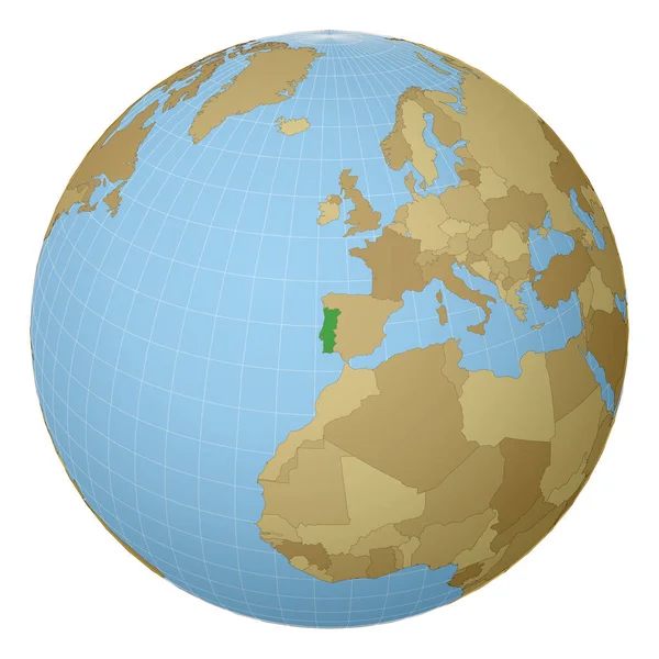 Globus mit Portugal im Mittelpunkt Land mit grüner Farbe auf Weltkarte Satellitenprojektion — Stockvektor
