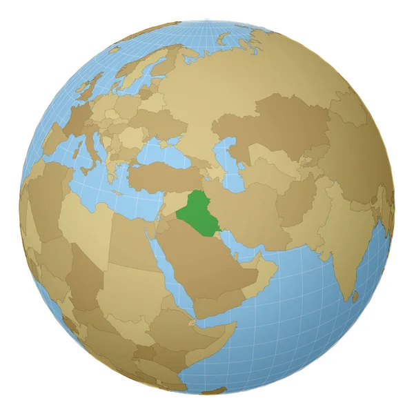 Globo centrado na República do Iraque País destacado com cor verde no mapa do mundo Satélite — Vetor de Stock