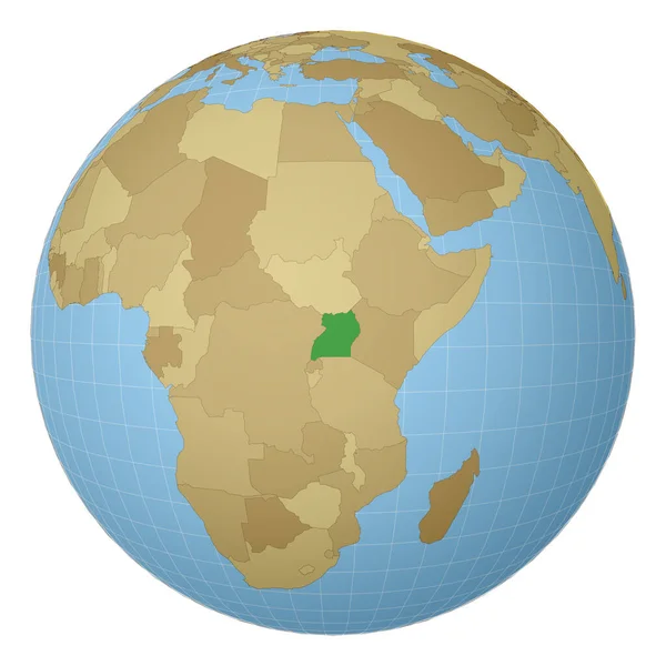 Globus skupiony na Ugandzie Kraj zaznaczony zielonym kolorem na mapie świata Projekcja satelitarna — Wektor stockowy
