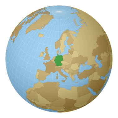 Dünya haritasında yeşil renkle vurgulanmış dünya merkezi Almanya Ülkesi uydu projeksiyonu