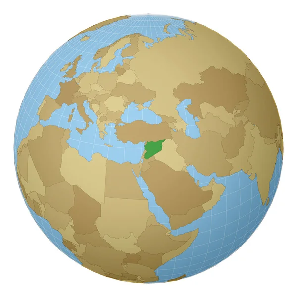 Globo centrado na Síria País destacado com cor verde no mapa do mundo Projecção por satélite — Vetor de Stock